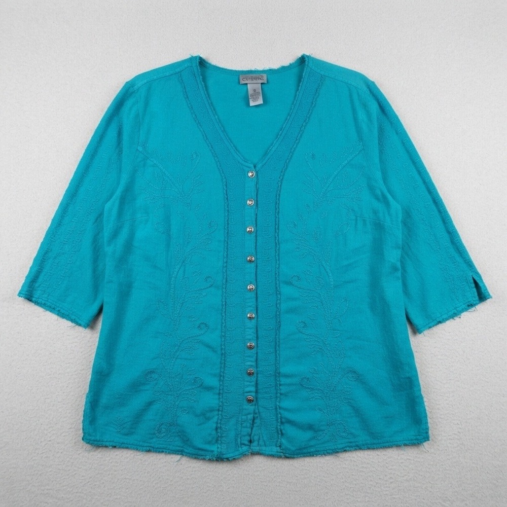 Catherines 3x top Teal Embroidered Button boho coastal relaxed fit western